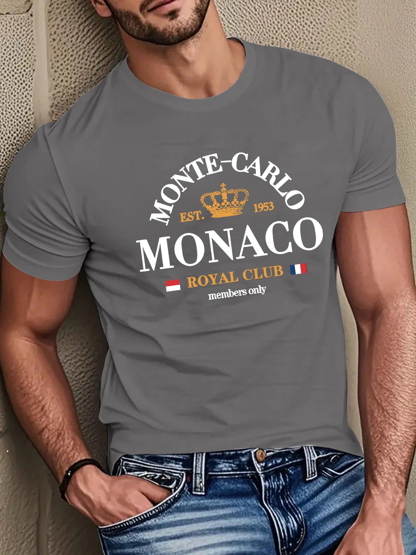 Mens Casual Monte Carlo Royal Club Graphic Print Soft Breathable Crew Neck Ribbed Tshirt