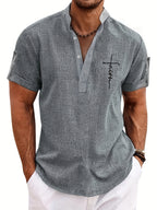 Mens Casual Graphic Print Short Sleeve Stand Collar Breathable Shirt