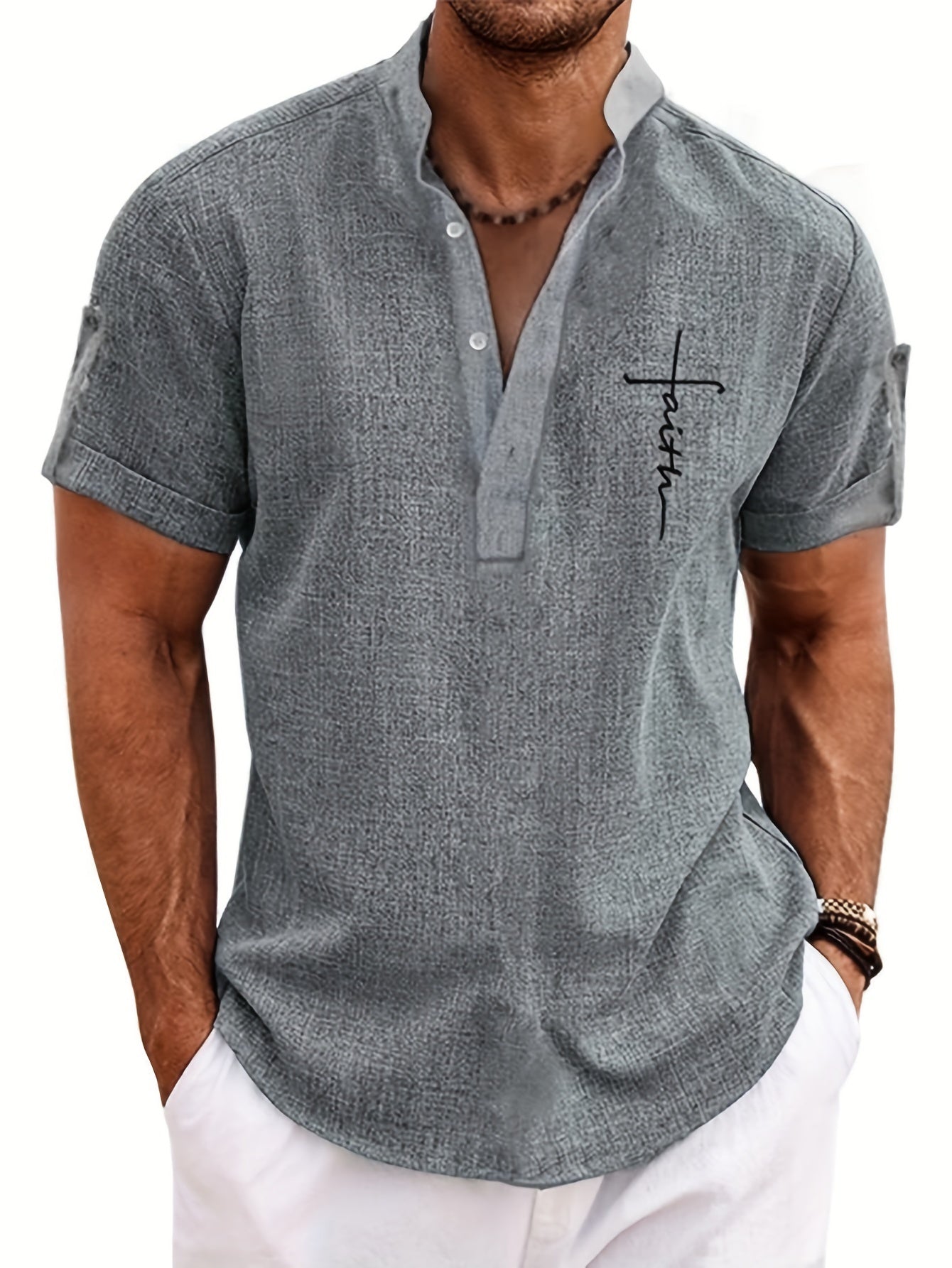 Mens Casual Graphic Print Short Sleeve Stand Collar Breathable Shirt
