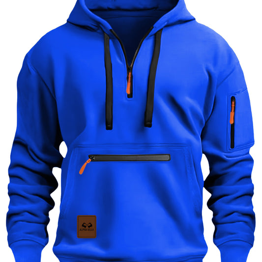 Mens Casual Hooded Zipper Pockets Half Zip Collar Solid Colour Pullover Sweatshirt