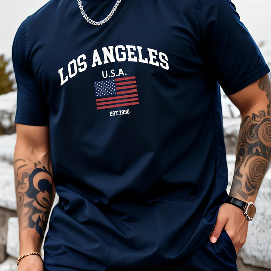 Mens Los Angeles USA Flag Print Casual Crew Neck T-Shirt