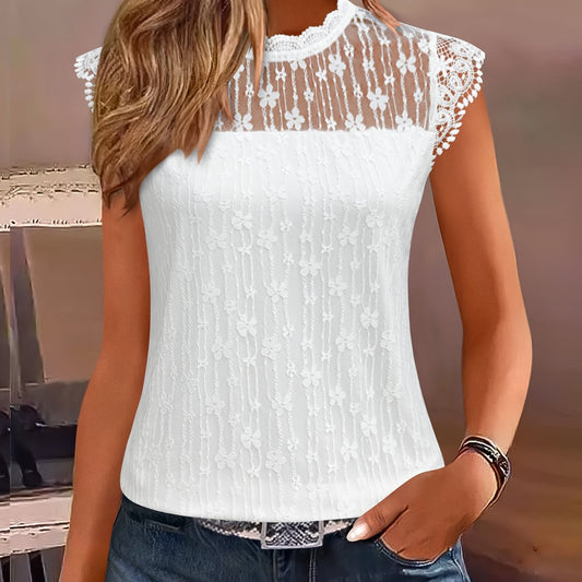 Womens Elegant Lace-Trimmed Floral Pattern Short Sleeve Round Neck Top