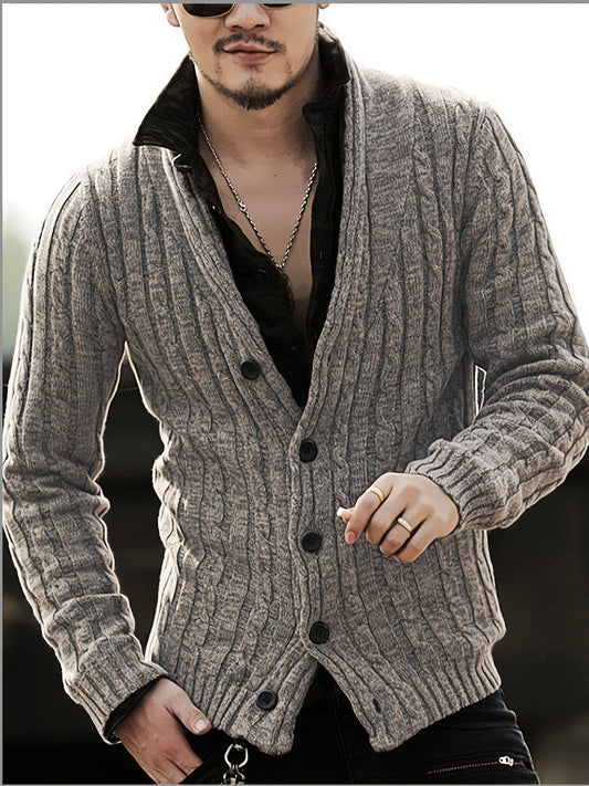 Mens Casual Chunky Knit V-Neck Single-Breasted Button Up Loose Fit Cardigan
