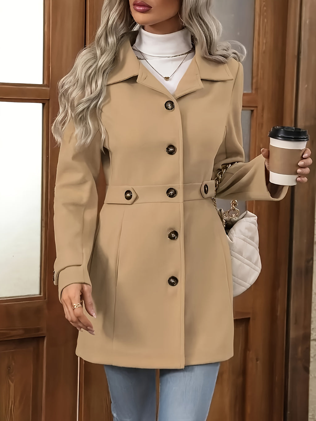 Womens Elegant Tweed Slim-Fit Lapel Collar Belted Waist Winter Coat