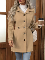 Womens Elegant Tweed Slim-Fit Lapel Collar Belted Waist Winter Coat