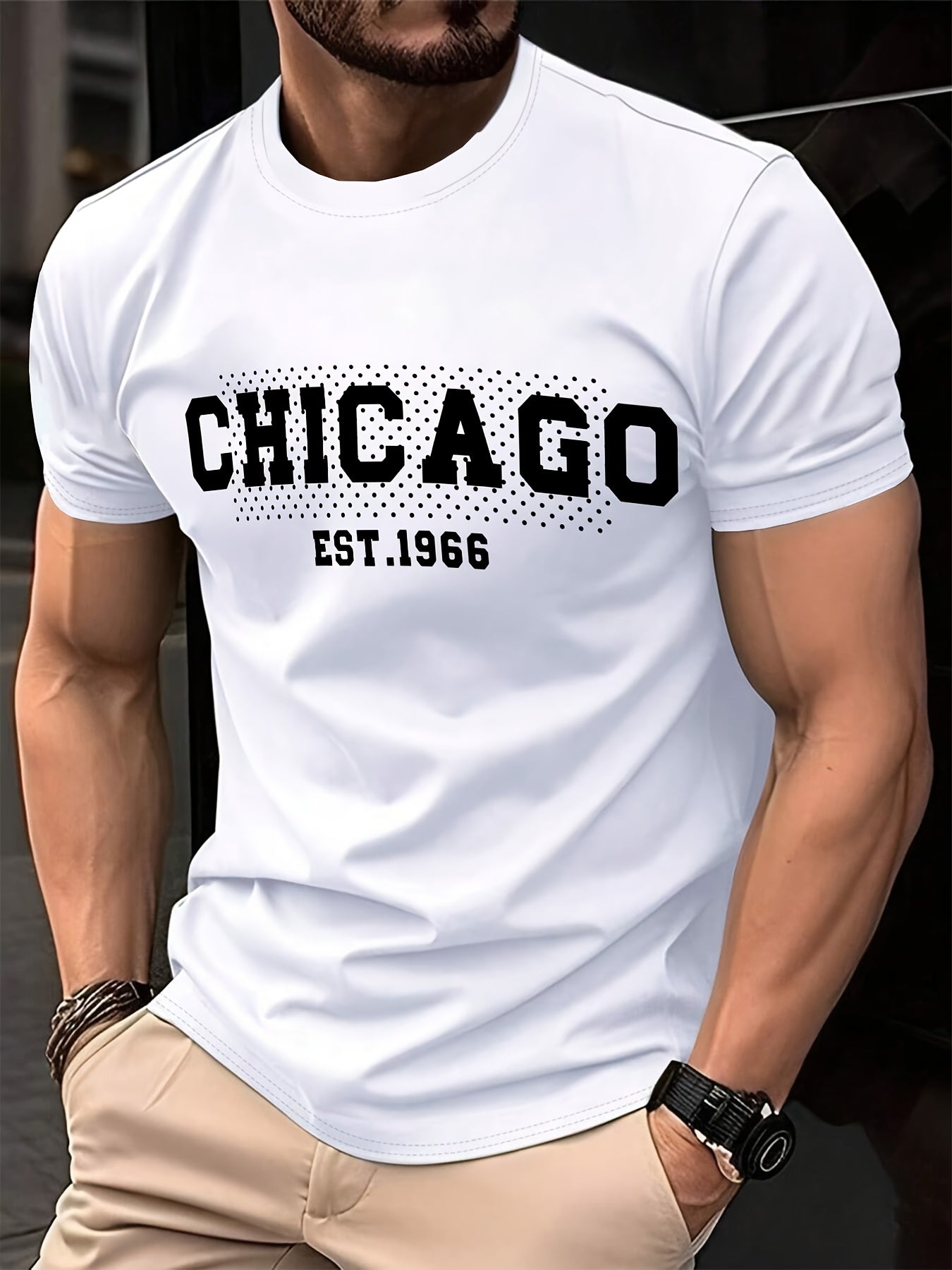 Mens Casual Chicago EST. 1966 Graphic Print Breathable Crew Neck Short Sleeve Tshirt