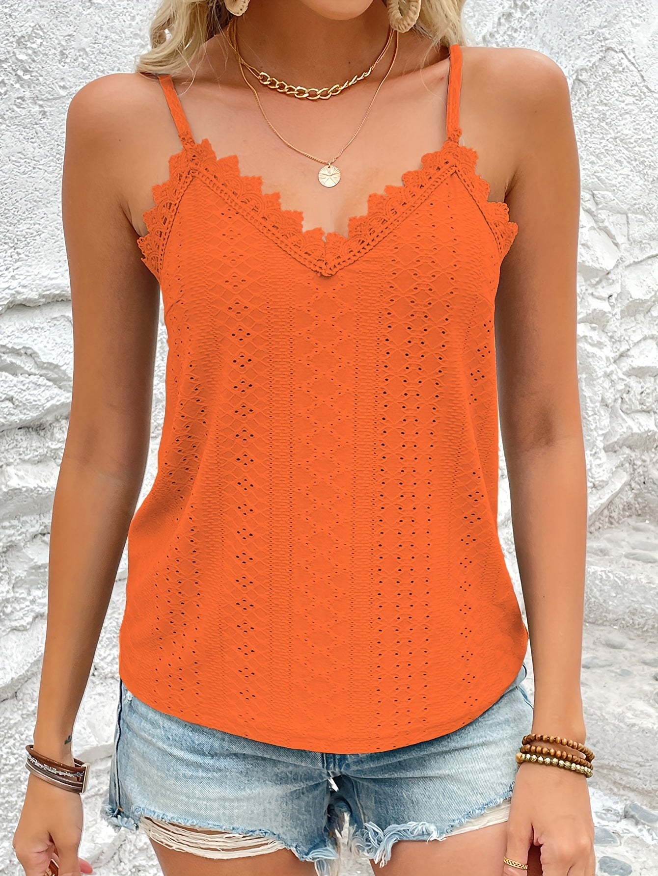 Womens Casual Eyelet Lace V-Neck Spaghetti Straps Vest Top