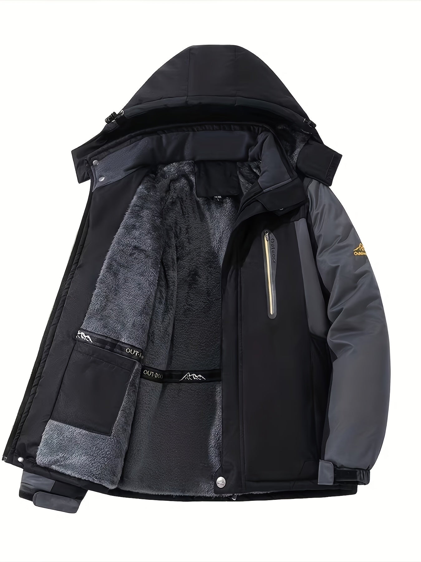 Mens Warm Fleece-Lined Windproof Hooded Front Zip Winter Jacket