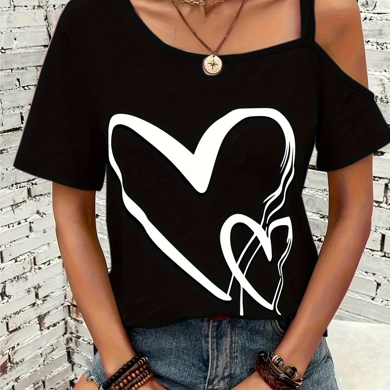 Womens Casual Heart Print Off the Shoulder Short Sleeve Asymmetrical T-shirt Top