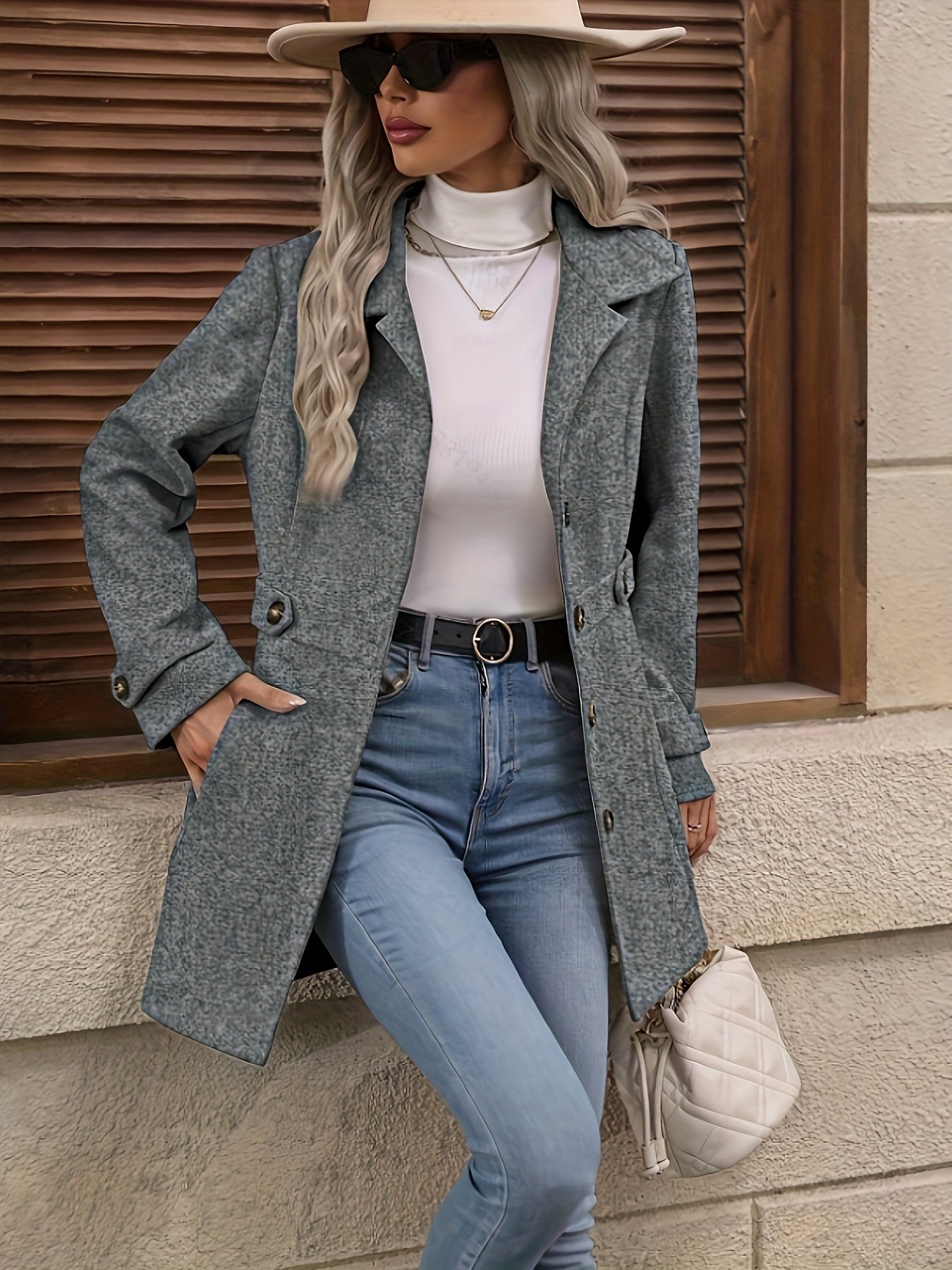 Womens Elegant Tweed Slim-Fit Lapel Collar Belted Waist Winter Coat