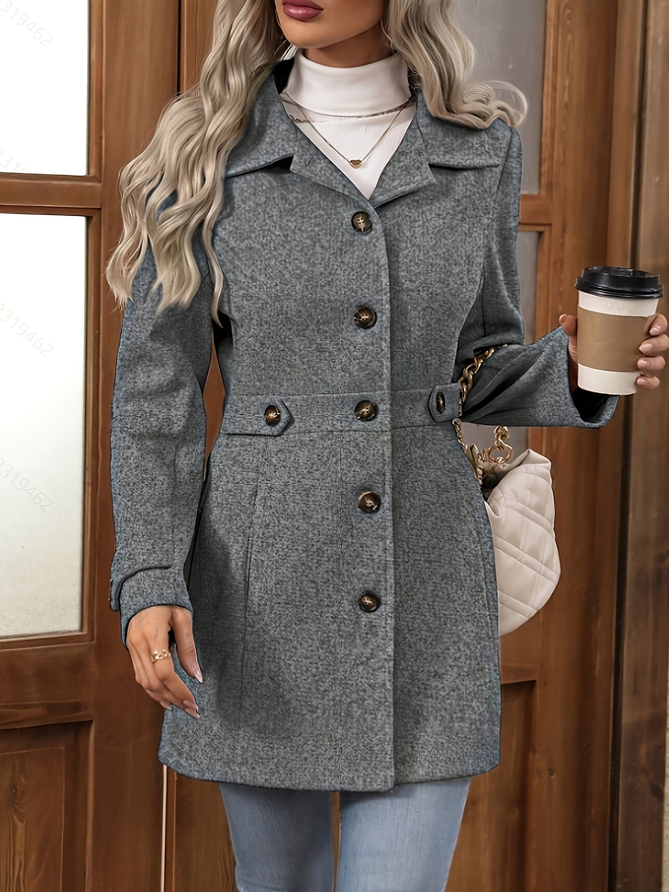 Womens Elegant Tweed Slim-Fit Lapel Collar Belted Waist Winter Coat