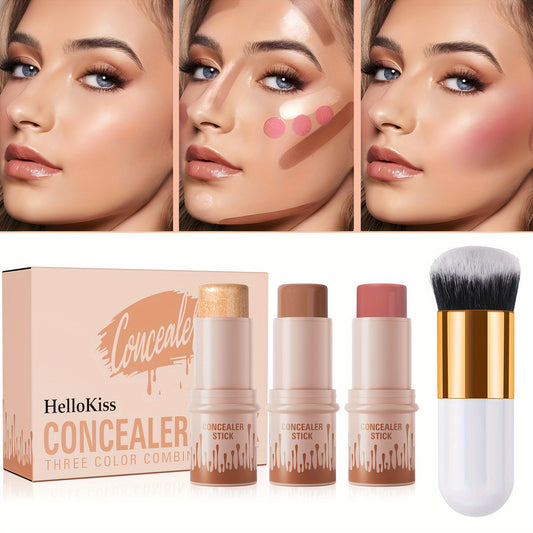 Flawless 3pcs Makeup Set: Contour, Blush & Highlighter Sticks with Brush