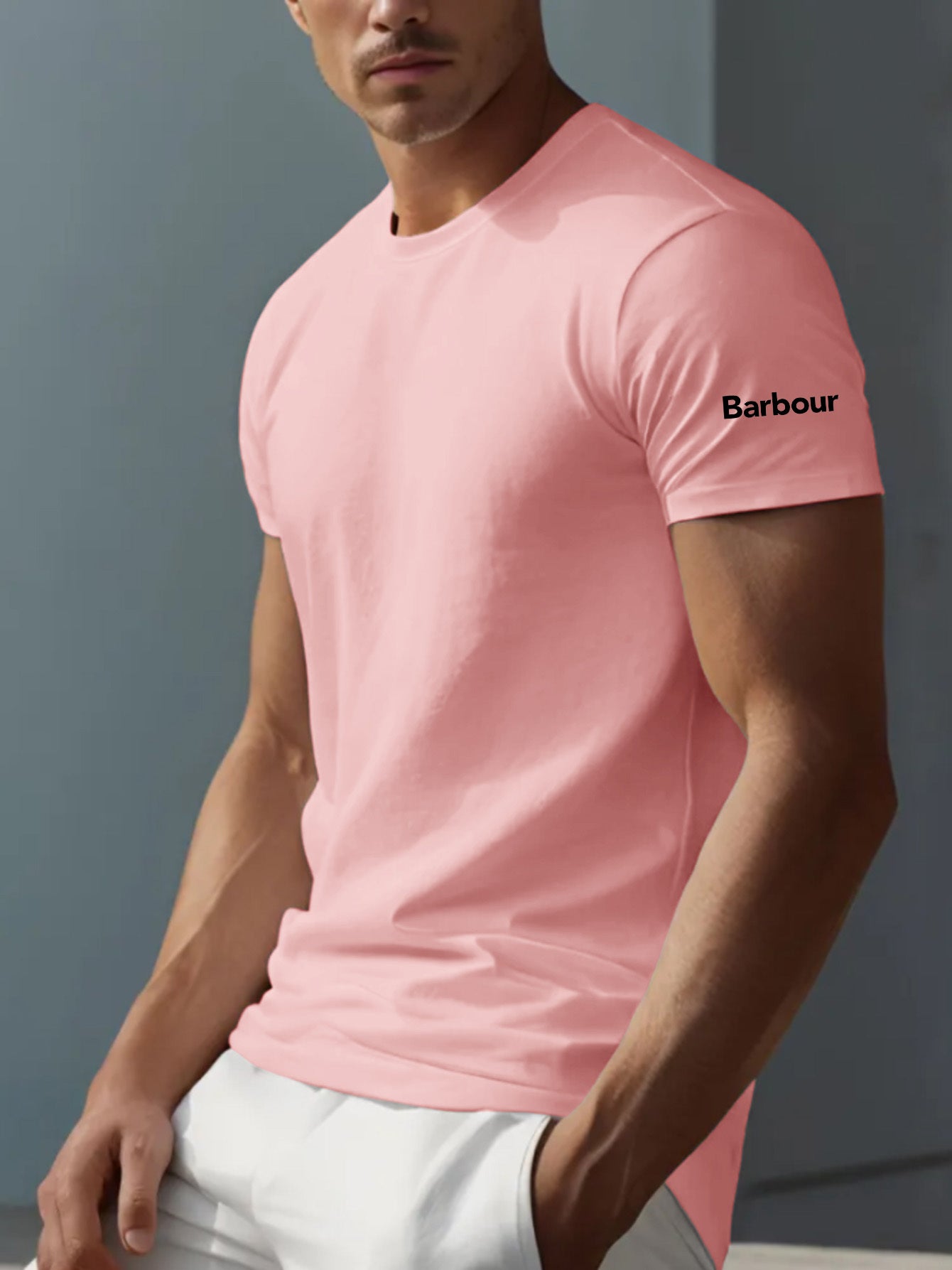 Mens Barbour Casual Round Neck Slightly Stretchy Rib-Knit Collar Letter Print Tshirt
