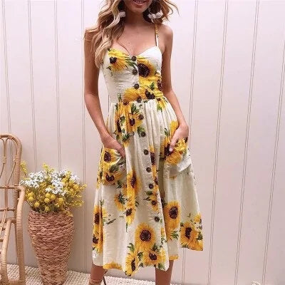 Womens Long Summer Floral Print Boho Dress