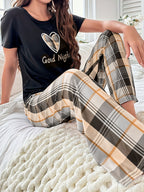 Womens Casual Comfortable Relaxed Fit Plaid Heart & Slogan Print Pyjama Set