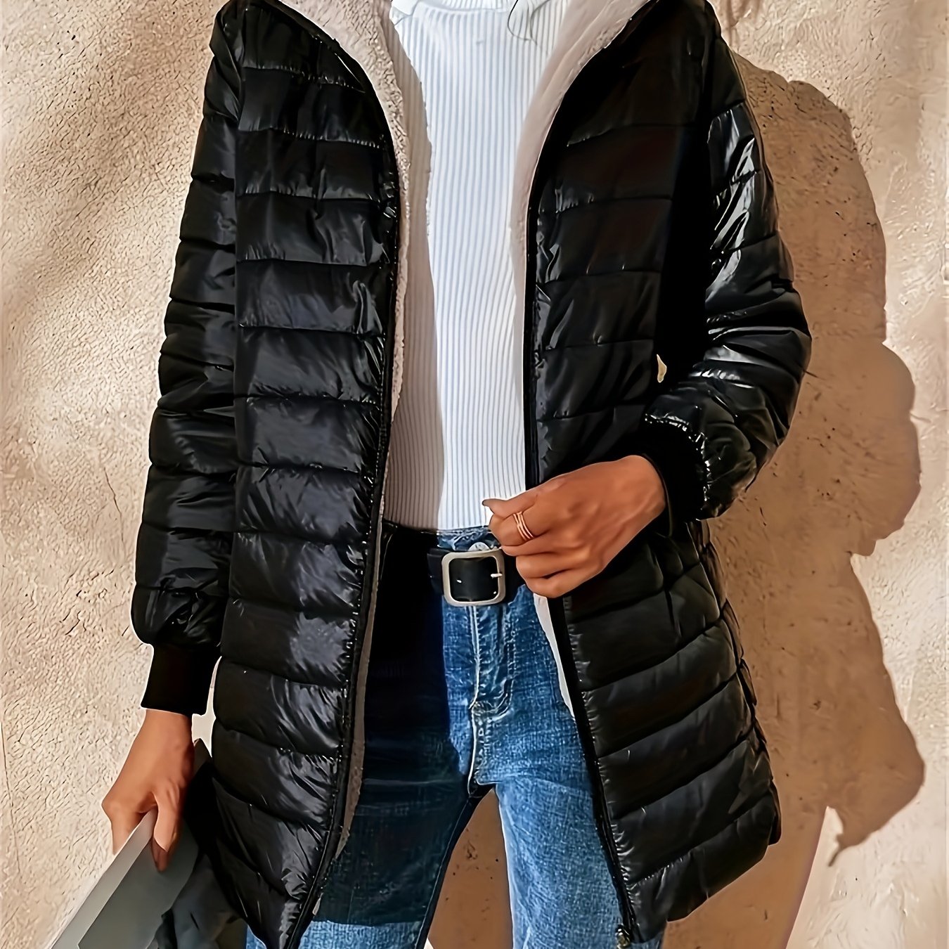 Womens Casual Medium Length Hooded Puffer Jacket