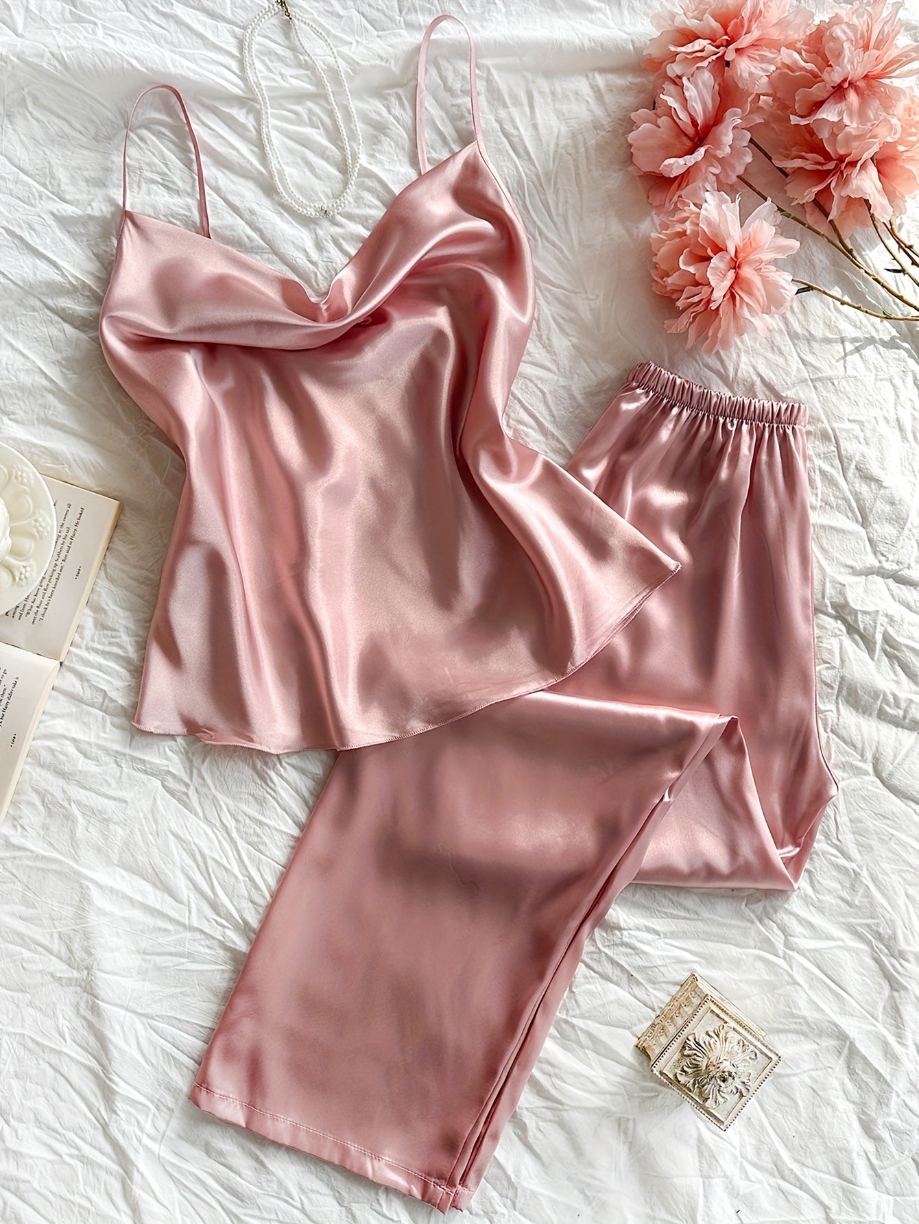 Womens Casual Relaxed Fit Sexy Satin Cowl Neck Backless Cami Top & Pants Set