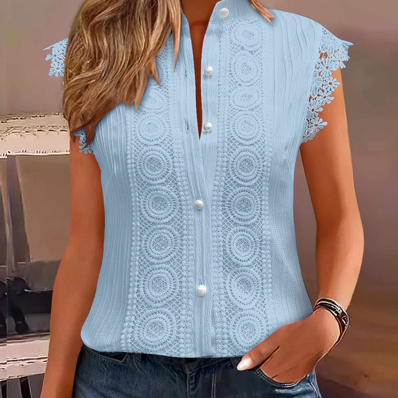 Womens Elegant V-Neck Sleeveless Button-Up Lace Detail Top