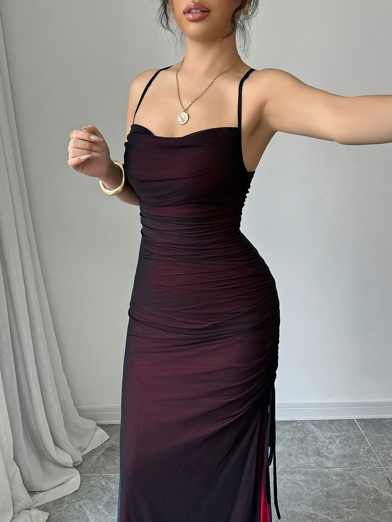 Womens Elegant High-Stretch Mesh Solid Colour Adjustable Strap Backless Long Bodycon Dress