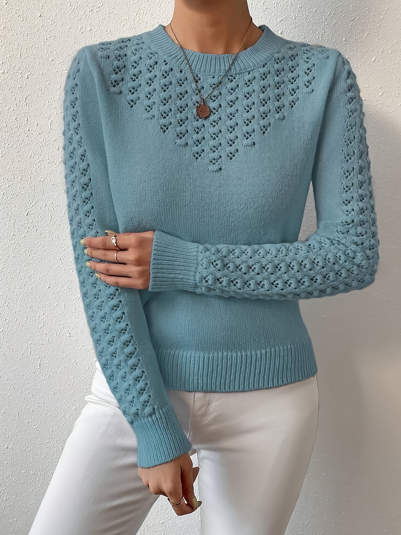 Womens Elegant Knitted Round Neck Textured Design Solid Colour Semi Sheer Sweater