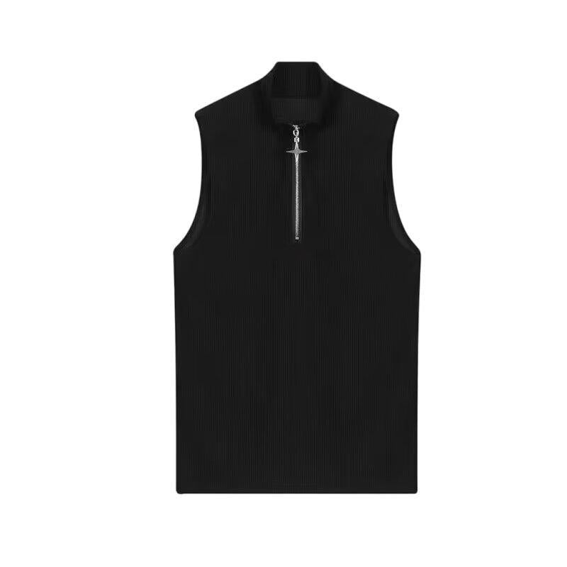 Mens Chic Black Slim Fit Sleeveless Zip Up Vest