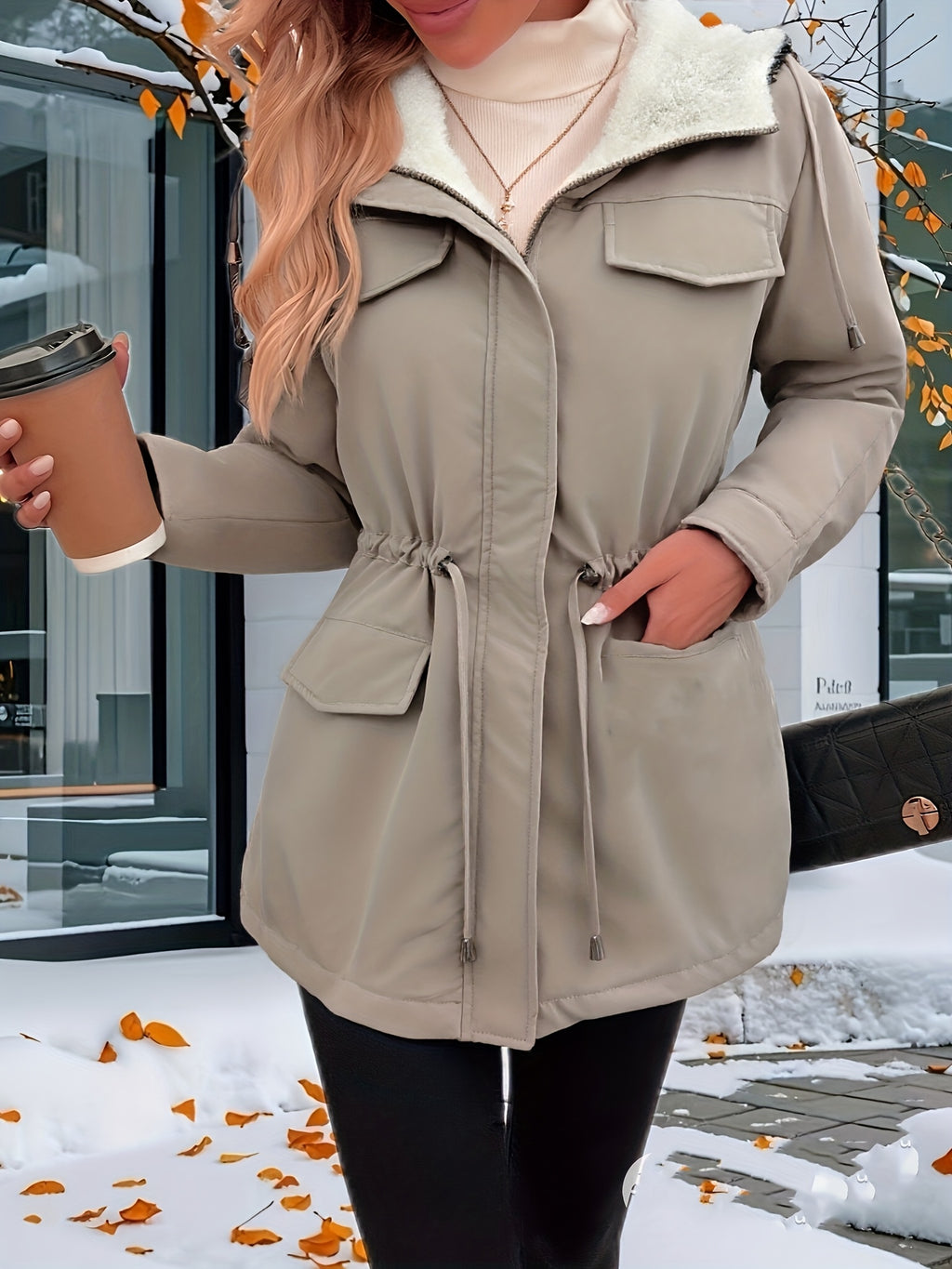 Womens Casual Hooded Solid Colour Non-Stretch Drawstring Lightweight Jacket
