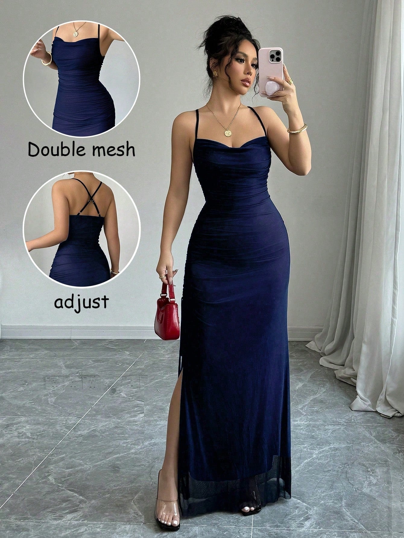 Womens Elegant High-Stretch Mesh Solid Colour Adjustable Strap Backless Long Bodycon Dress