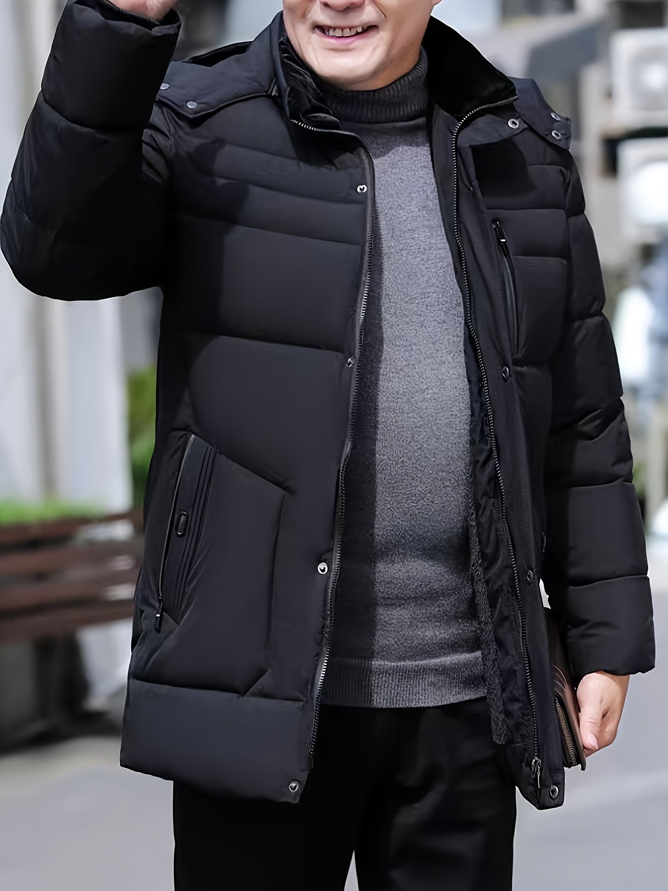 Mens Windproof Detachable Hood Multiple Pockets Plush Lining Long Winter Jacket