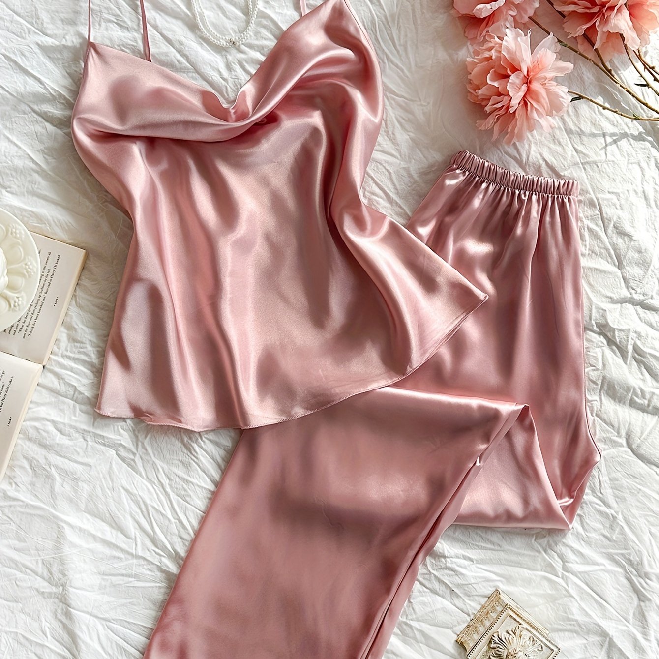 Womens Casual Relaxed Fit Sexy Satin Cowl Neck Backless Cami Top & Pants Set