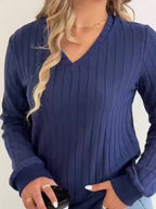 Womens Casual V-Neck Long Sleeve Ribbed Loose Fit Sweater