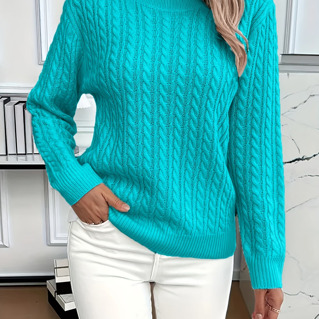 Womens Casual Loose-Fit Round Neck Long Sleeve Solid Colour Rib Design Pullover Sweater