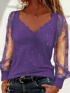 Womens Long Sleeve Sexy V-Neck Sequined Mesh Sleeved Top