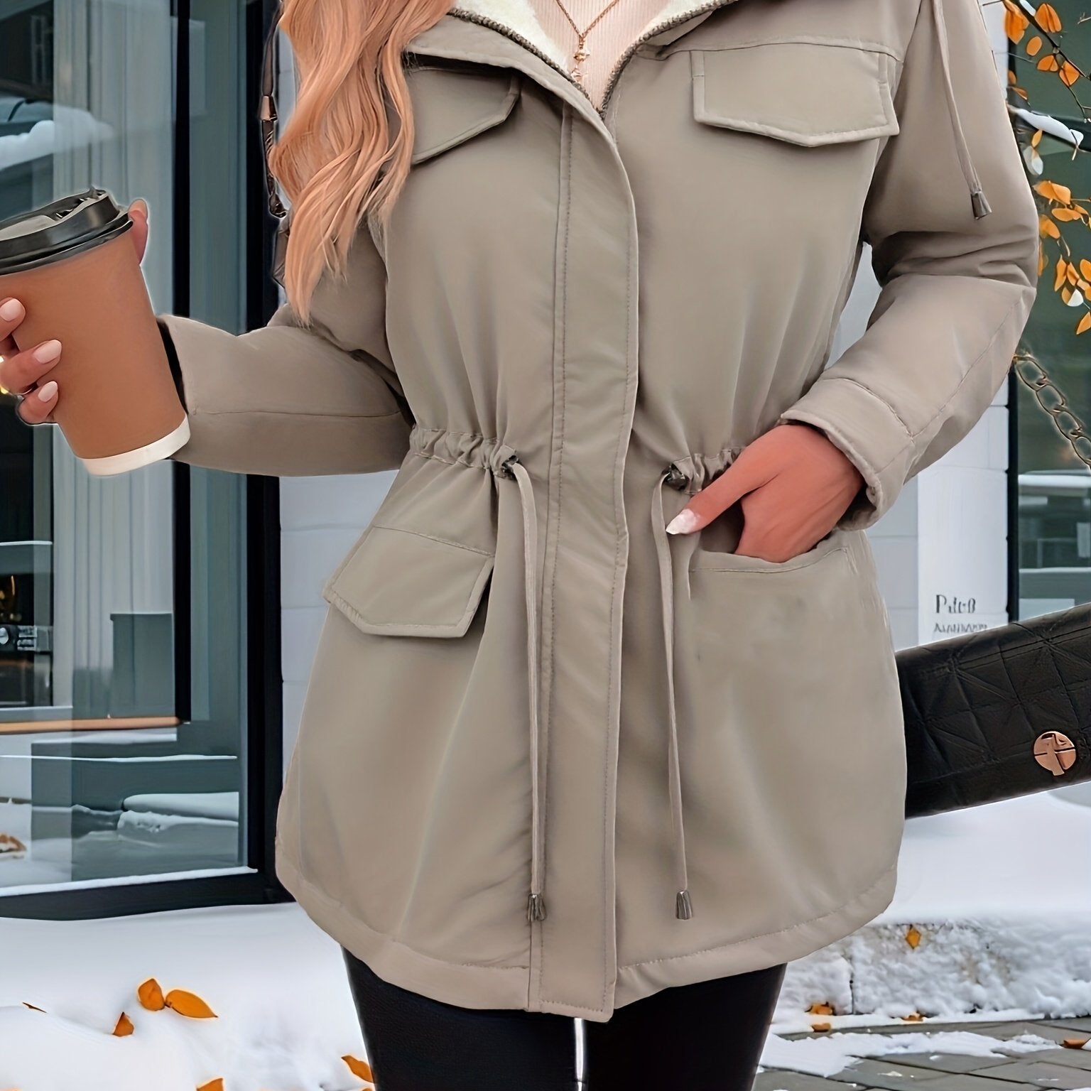 Womens Casual Hooded Solid Colour Non-Stretch Drawstring Lightweight Jacket
