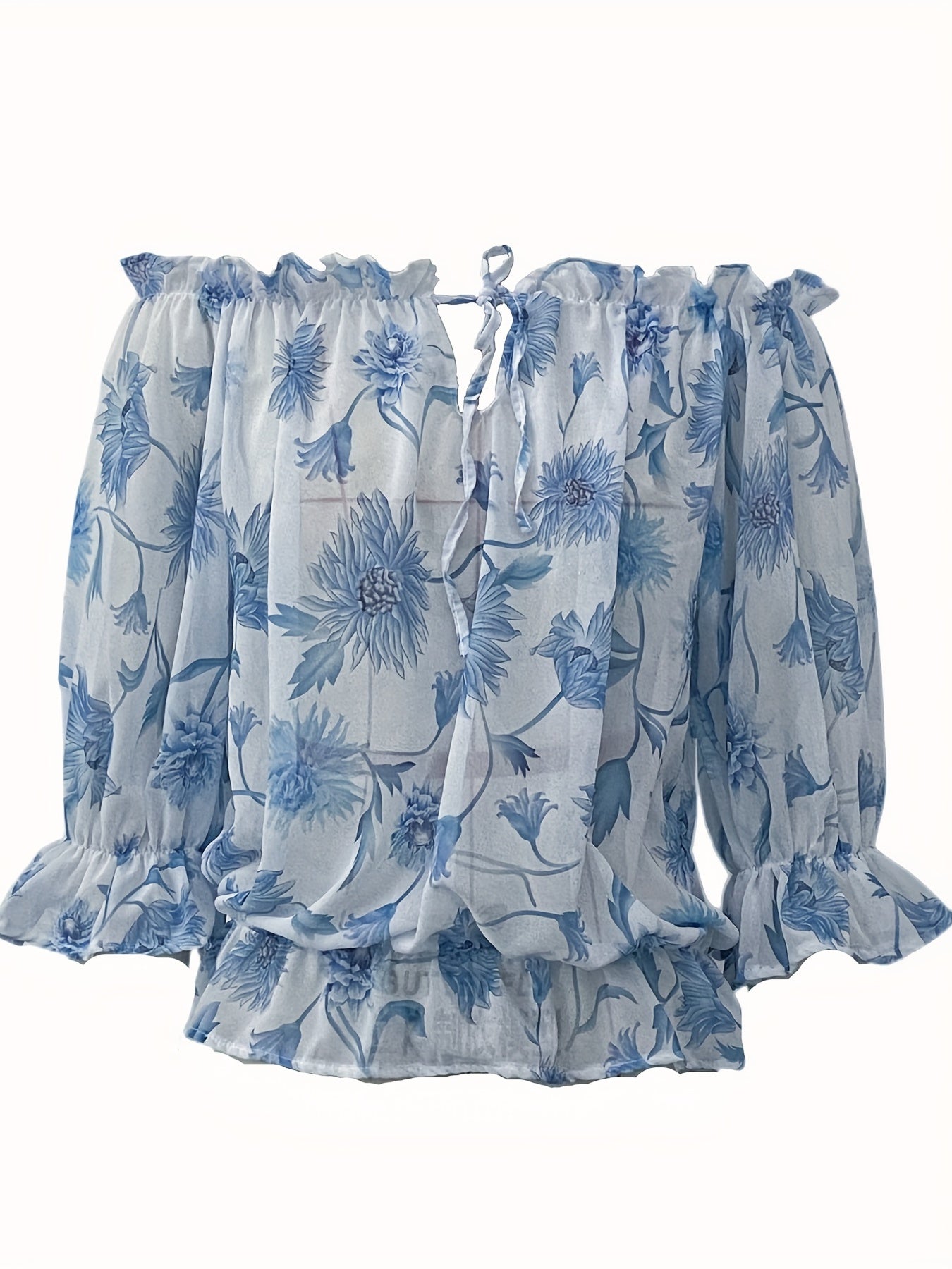 Womens Lightweight Off-Shoulder Semi-Sheer Pleated Lantern Sleeves Loose Fit Top