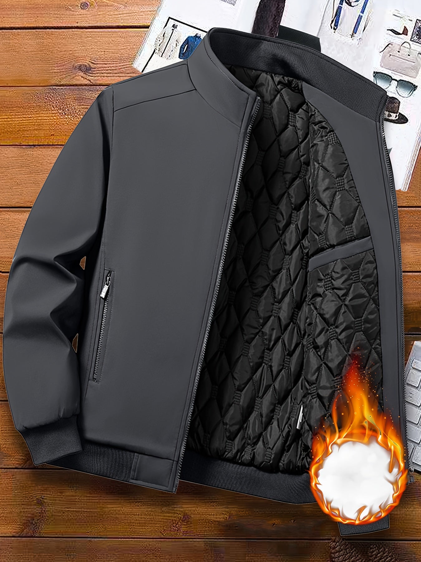 Mens Casual Solid Zip-Up Stand Collar Windbreaker Thermal Quilted Jacket