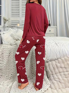 Womens Heart Pattern Long Sleeve & Pants Round Neck Loose Fit Pyjama Set
