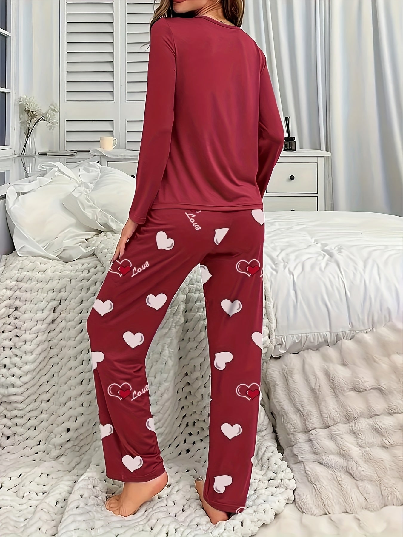 Womens Heart Pattern Long Sleeve & Pants Round Neck Loose Fit Pyjama Set