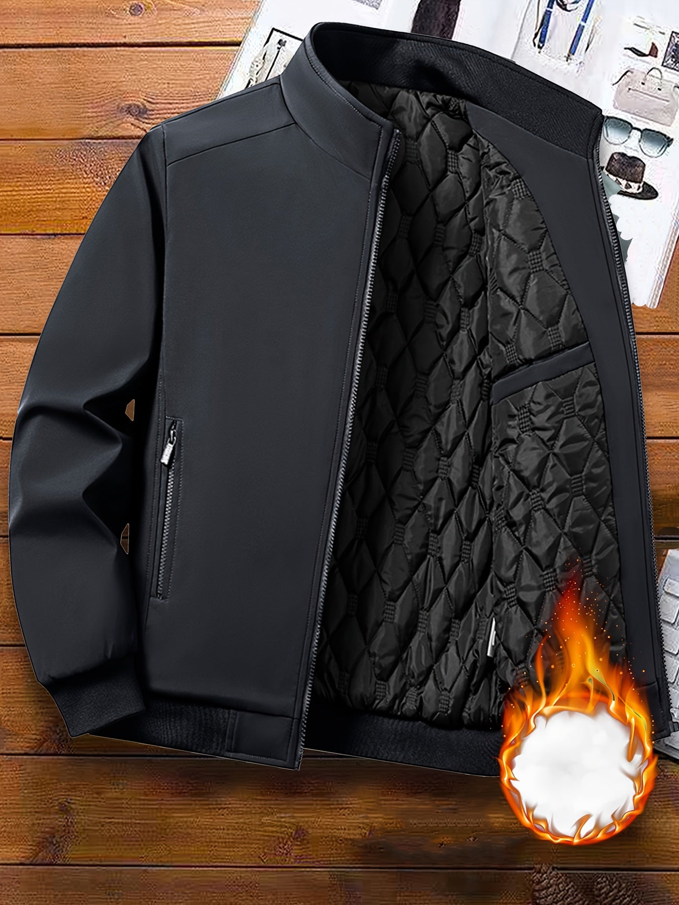 Mens Casual Solid Zip-Up Stand Collar Windbreaker Thermal Quilted Jacket
