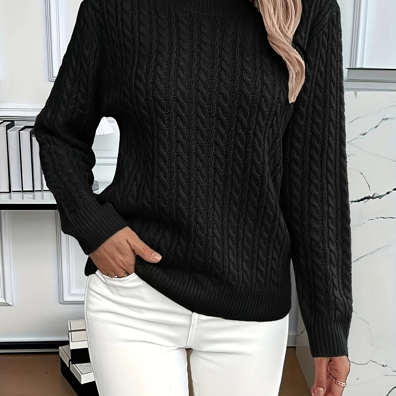 Womens Casual Loose-Fit Round Neck Long Sleeve Solid Colour Rib Design Pullover Sweater