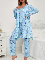 Womens 3 Piece Floral & Butterfly Print Long Pants Long Sleeve Belted Robe, Casual Crew Neck Top Nightwear Set