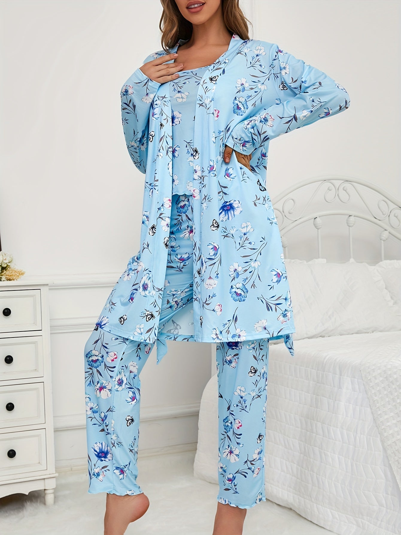 Womens 3 Piece Floral & Butterfly Print Long Pants Long Sleeve Belted Robe, Casual Crew Neck Top Nightwear Set
