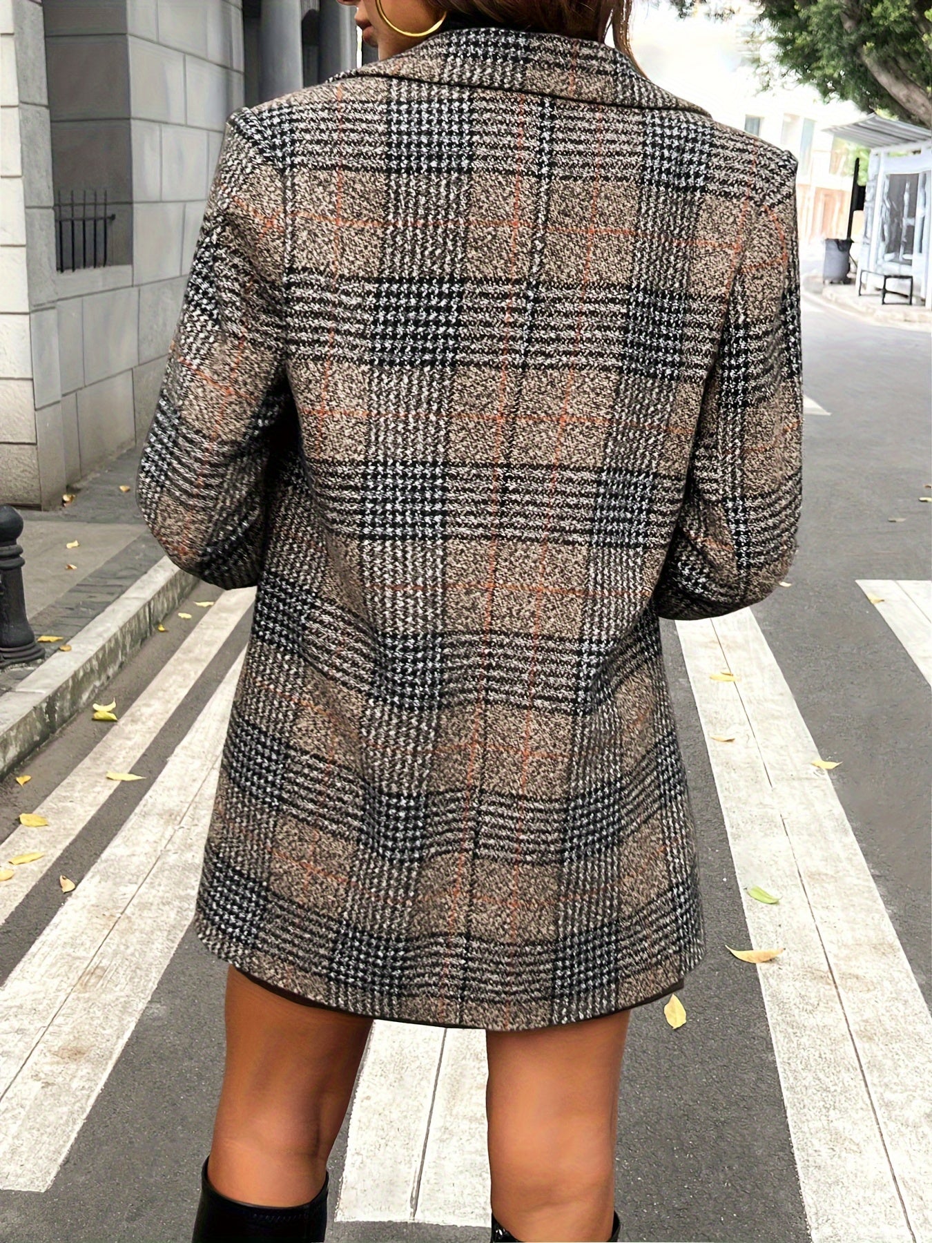 Womens Elegant Slim-Fit Plaid Tweed Houndstooth Pattern Winter Coat