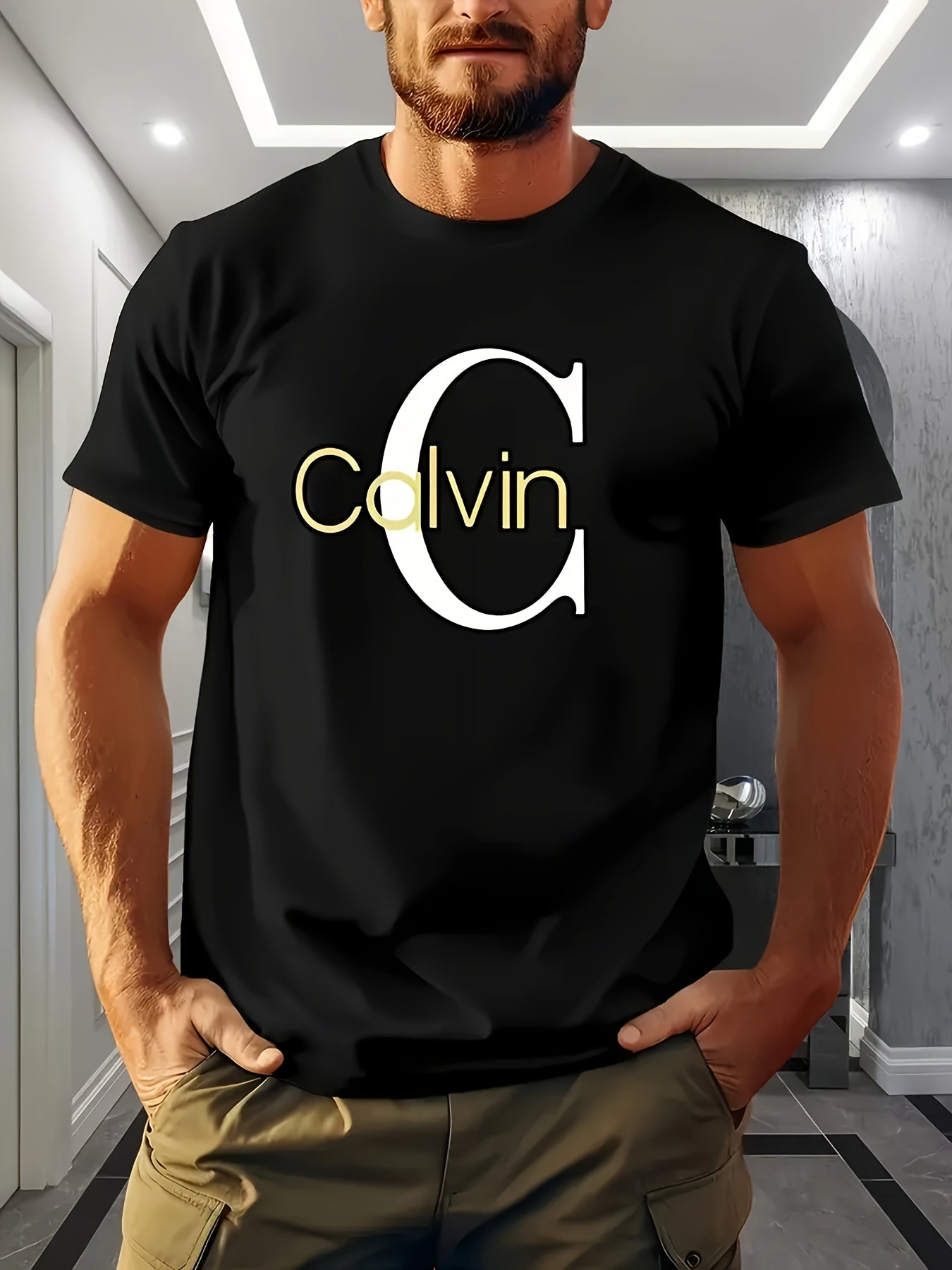 Mens Casual Short Sleeve Summer Breathable Round Neck Bold 'Calvin' Graphic Print Tshirt