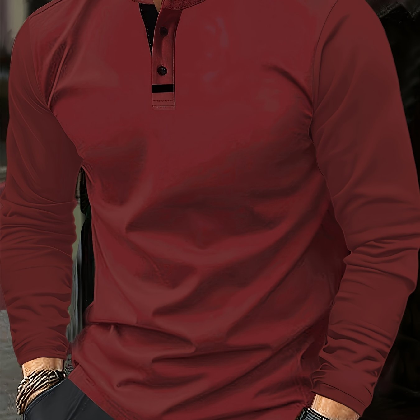 Mens Casual Solid Colour Contrast Stitching Casual Round Neck Long Sleeve Top