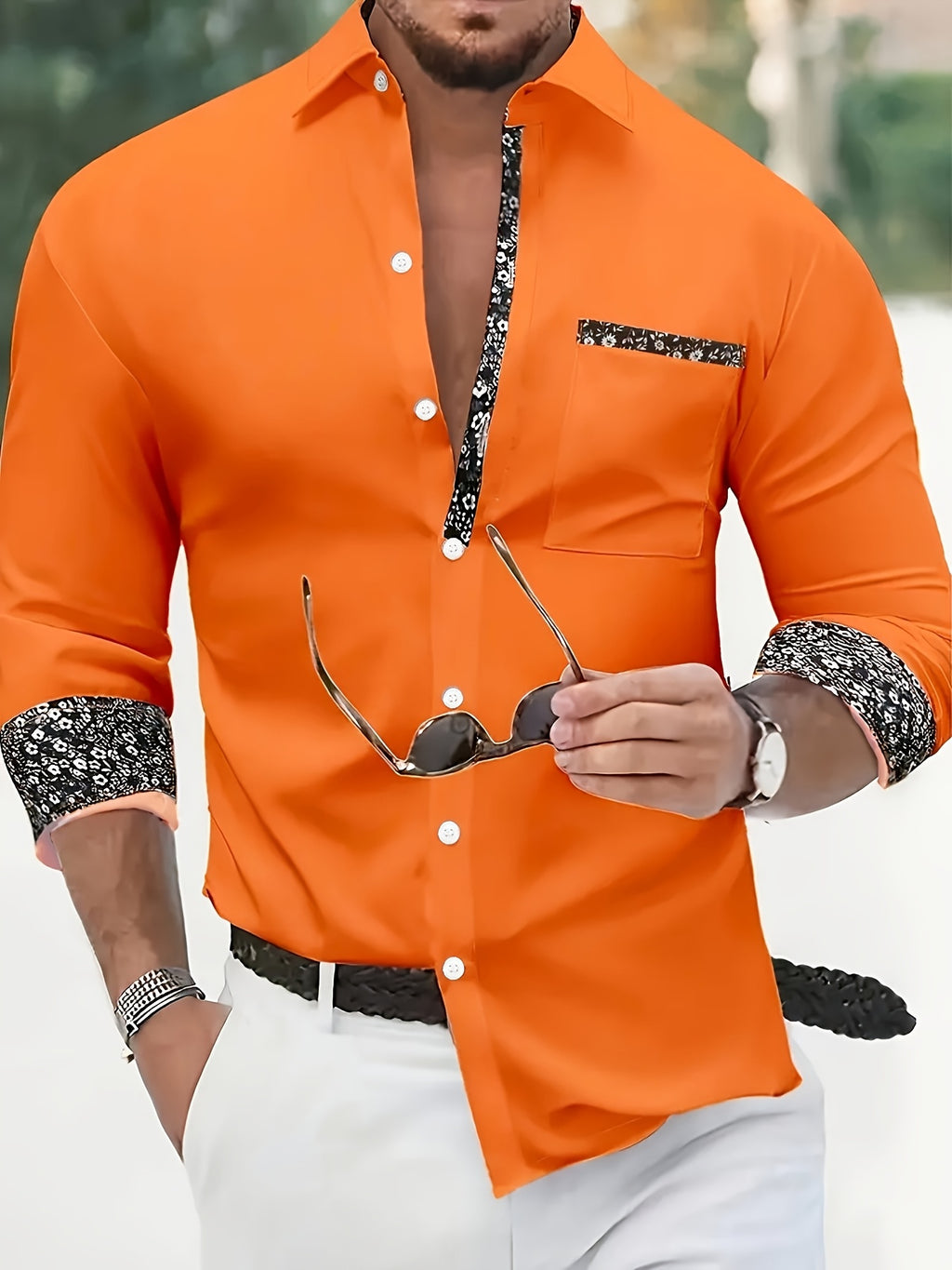 Mens Casual Lapel Collar Long Sleeve Position Print Shirt