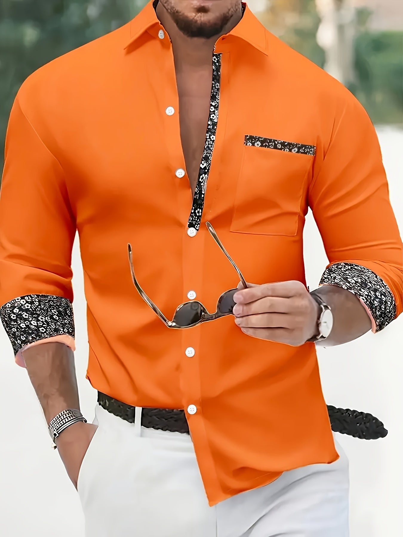Mens Casual Lapel Collar Long Sleeve Position Print Shirt