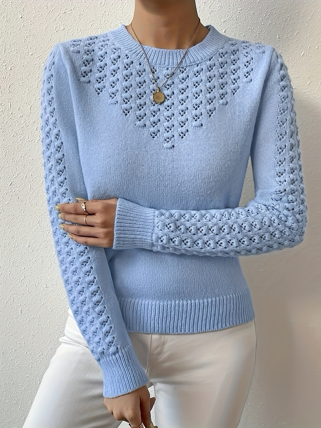 Womens Elegant Knitted Round Neck Textured Design Solid Colour Semi Sheer Sweater