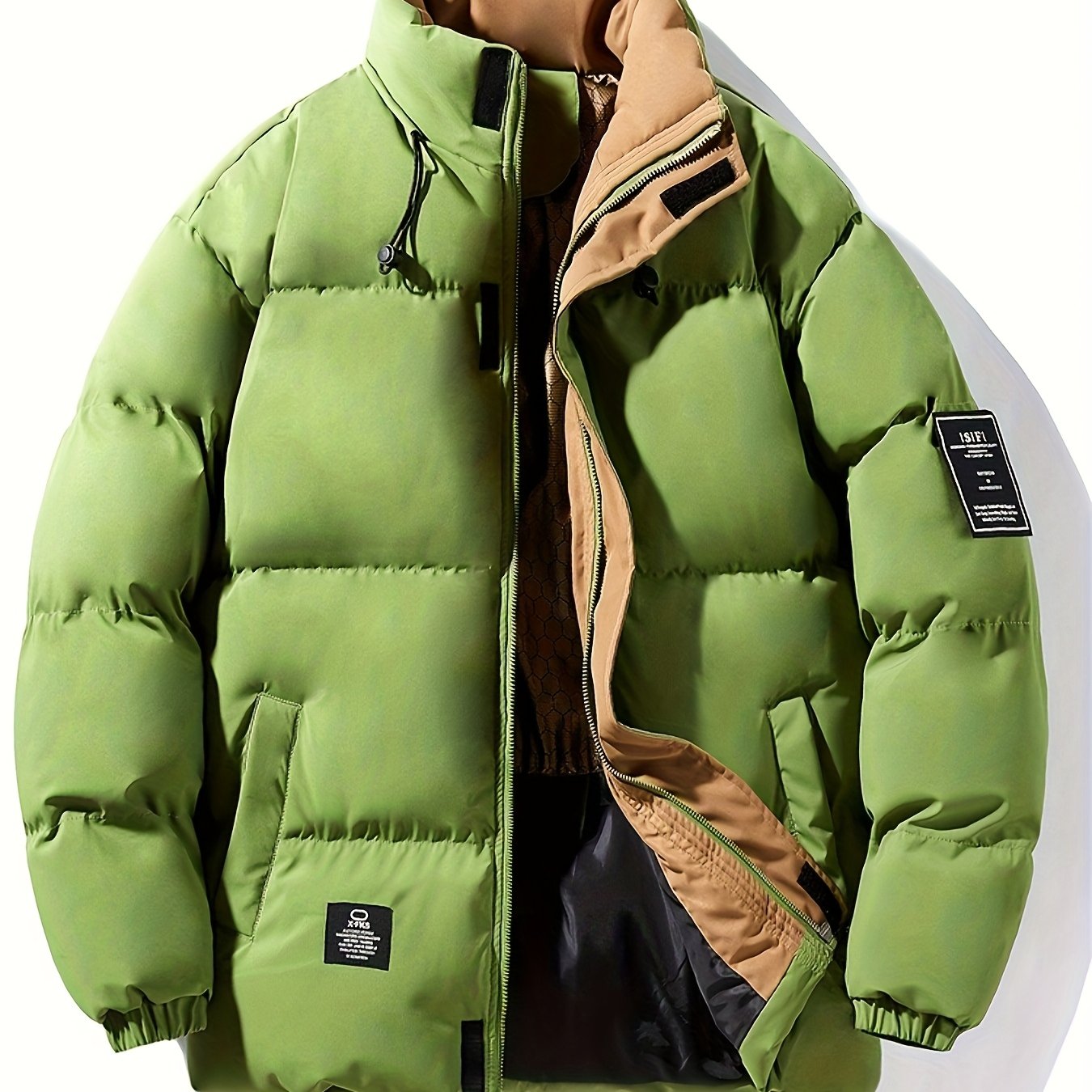 Mens Heavy-Duty Full-Zip Closure Stand Collar Windproof Loose-Fit Puffer Jacket