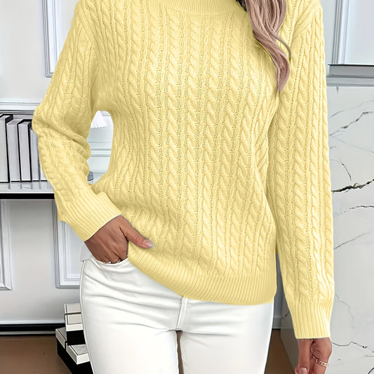 Womens Casual Loose-Fit Round Neck Long Sleeve Solid Colour Rib Design Pullover Sweater