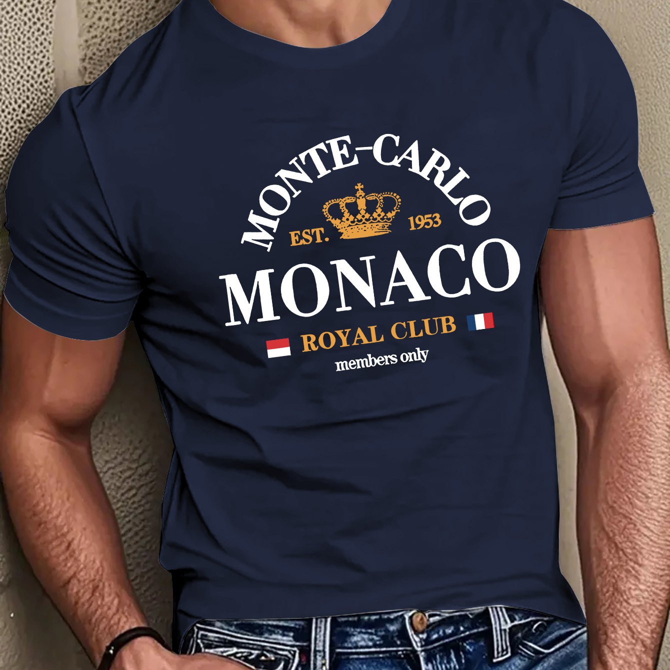 Mens Casual Monte Carlo Royal Club Graphic Print Soft Breathable Crew Neck Ribbed Tshirt